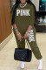 Army Green Casual Letter Print Patchwork O Neck Long Sleeve Two Pieces