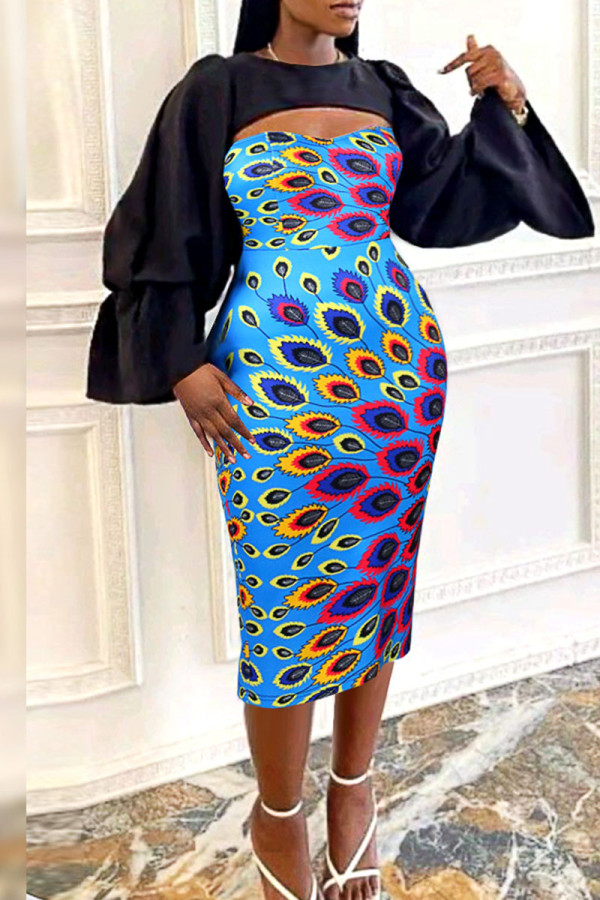 Blue Sexy Formal Print Hollowed Out Patchwork O Neck One Step Skirt Dresses