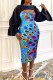 Blue Sexy Formal Print Hollowed Out Patchwork O Neck One Step Skirt Dresses