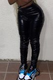 Black Sexy Solid Fold Skinny High Waist Pencil Solid Color Bottoms