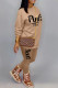 Khaki Casual Letter Print Patchwork O Neck Long Sleeve Two Pieces