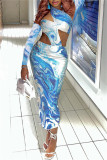Blue Sexy Print Hollowed Out Backless Halter Long Sleeve Dresses