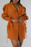 Yellow Casual Solid Patchwork Turndown Collar Long Sleeve Dresses