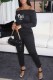 Black Sexy Print Letter Off the Shoulder Jumpsuits