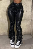Black Sexy Solid Fold Skinny High Waist Pencil Solid Color Bottoms