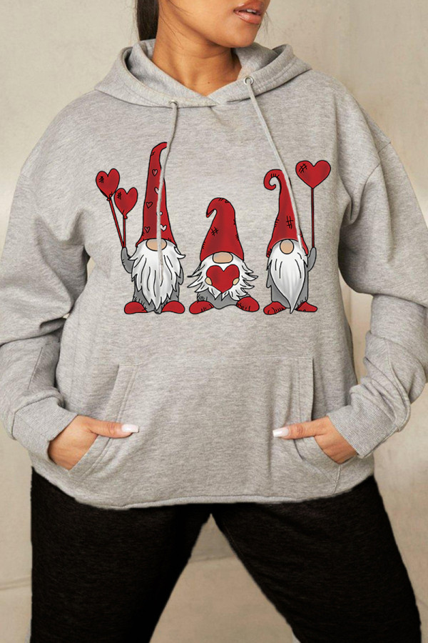 Grey Red Casual Daily Print Patchwork Basic Hooded Collar Tops
