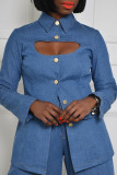 Blue Casual Solid Hollowed Out Patchwork Turndown Collar Long Sleeve Two Pieces