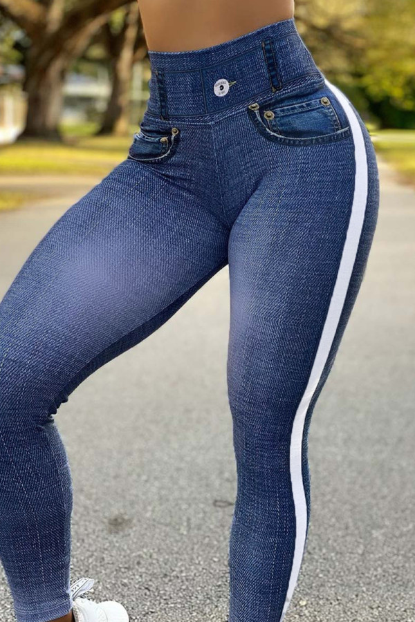 Deep Blue Casual Sportswear Print Patchwork Skinny High Waist Pencil Trousers