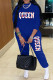 Blue Casual Daily Letter Print Patchwork O Neck Long Sleeve Two Pieces