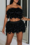 Black Sexy Solid Patchwork Feathers Backless Strapless Sleeveless Two Pieces