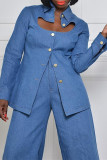 Blue Casual Solid Hollowed Out Patchwork Turndown Collar Long Sleeve Two Pieces