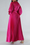 Rose Red Casual Solid Patchwork O Neck Long Sleeves Pleated Dresses (Without Belt)