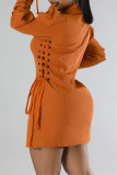 Yellow Casual Solid Patchwork Turndown Collar Long Sleeve Dresses