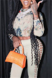 Apricot Sexy Casual Print Hollowed Out O Neck Long Sleeve Two Pieces