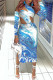 Blue Sexy Print Hollowed Out Backless Halter Long Sleeve Dresses