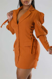 Yellow Casual Solid Patchwork Turndown Collar Long Sleeve Dresses