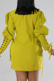 Yellow Casual Solid Patchwork Turndown Collar Long Sleeve Dresses