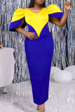 Blue Casual Daily Solid Patchwork V Neck Pencil Skirt Dresses