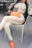 Apricot Sexy Casual Print Hollowed Out O Neck Long Sleeve Two Pieces
