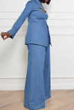 Blue Casual Solid Hollowed Out Patchwork Turndown Collar Long Sleeve Two Pieces
