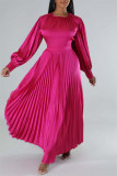 Rose Red Casual Solid Patchwork O Neck Long Sleeves Pleated Dresses (Without Belt)