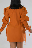 Yellow Casual Solid Patchwork Turndown Collar Long Sleeve Dresses