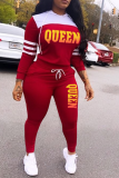 Red Street Print Patchwork Hooded Collar Long Sleeve Two Pieces
