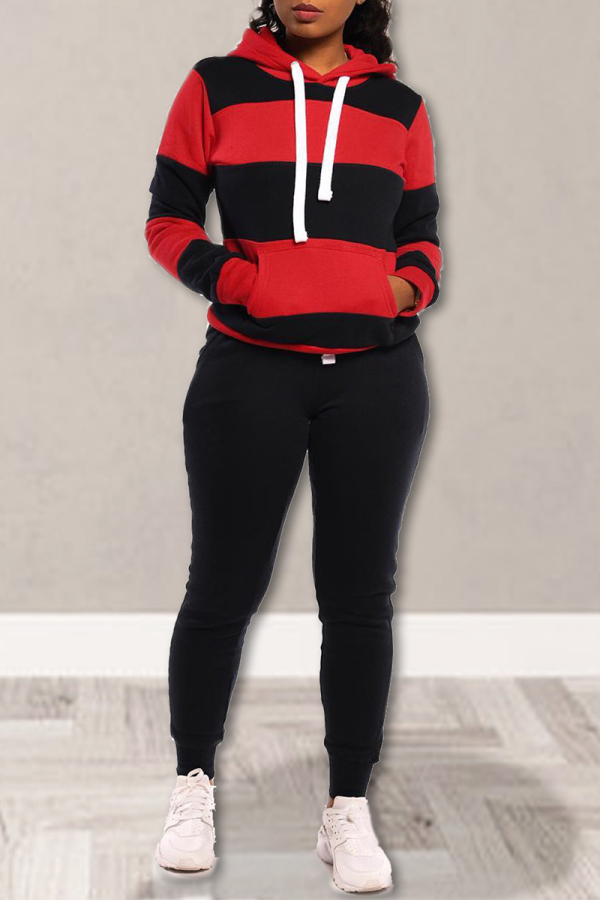 Red Street Striped Draw String Hooded Collar Long Sleeve Two Pieces