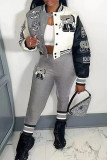 Grey Casual Letter Print Patchwork Cardigan O Neck Long Sleeve Two Pieces