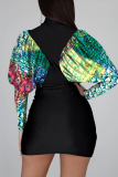 Green Sexy Print Patchwork Turtleneck Pencil Skirt Dresses