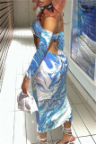 Blue Sexy Print Hollowed Out Backless Halter Long Sleeve Dresses