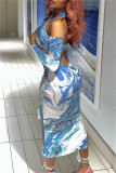 Blue Sexy Print Hollowed Out Backless Halter Long Sleeve Dresses