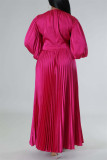 Rose Red Casual Solid Patchwork O Neck Long Sleeves Pleated Dresses (Without Belt)