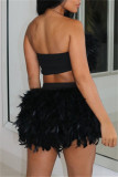 Black Sexy Solid Patchwork Feathers Backless Strapless Sleeveless Two Pieces