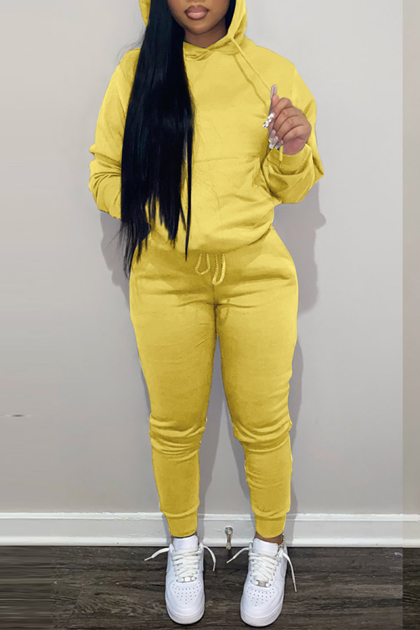 Yellow Street Solid Draw String Hooded Collar Long Sleeve Two Pieces