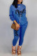 Blue Casual Letter Print Patchwork O Neck Long Sleeve Two Pieces