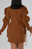 Yellow Casual Solid Patchwork Turndown Collar Long Sleeve Dresses