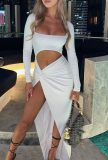 Black Sexy Solid Hollowed Out Square Collar Pencil Skirt Dresses
