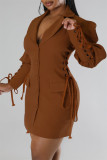 Yellow Casual Solid Patchwork Turndown Collar Long Sleeve Dresses