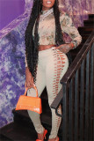 Apricot Sexy Casual Print Hollowed Out O Neck Long Sleeve Two Pieces