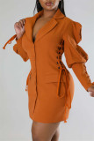Yellow Casual Solid Patchwork Turndown Collar Long Sleeve Dresses