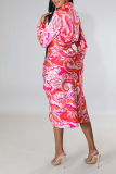Red Street Print Patchwork Turndown Collar Shirt Dress Dresses