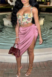 Pink Sexy Print Patchwork Frenulum Backless Asymmetrical Spaghetti Strap Sleeveless Two Pieces