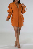 Yellow Casual Solid Patchwork Turndown Collar Long Sleeve Dresses