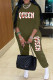 Army Green Casual Daily Letter Print Patchwork O Neck Long Sleeve Two Pieces