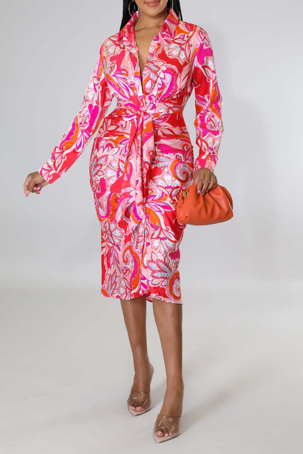 Red Street Print Patchwork Turndown Collar Shirt Dress Dresses