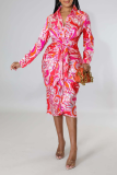 Red Street Print Patchwork Turndown Collar Shirt Dress Dresses