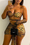 Tiger Pattern Sexy Print Hollowed Out Backless Strapless Sleeveless Dress Dresses