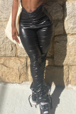 Black Sexy Solid Fold Skinny High Waist Pencil Solid Color Bottoms