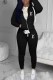 Black Casual Print Letter Hooded Collar Long Sleeve Two Pieces